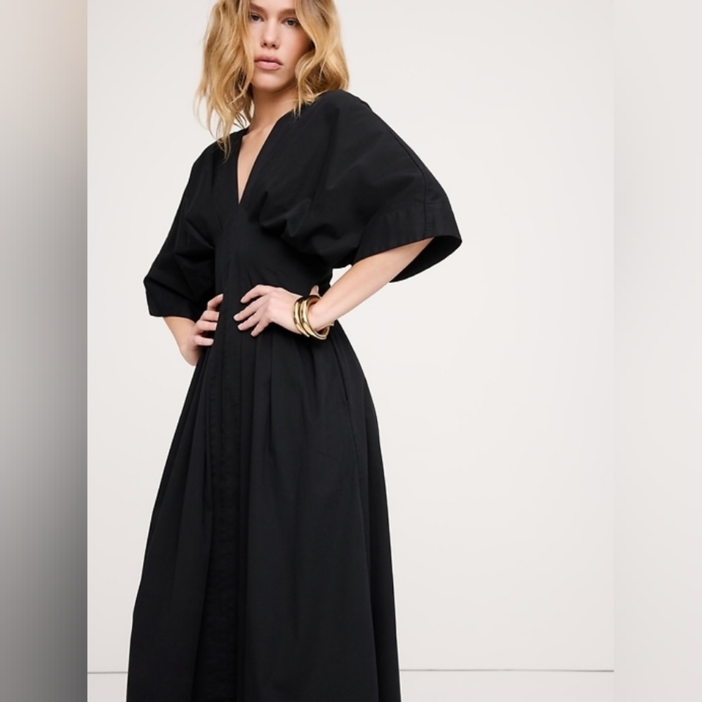 Banana Republic Stretch-Cotton Pleated Maxi Dress Black NWT - Picture 3 of 6